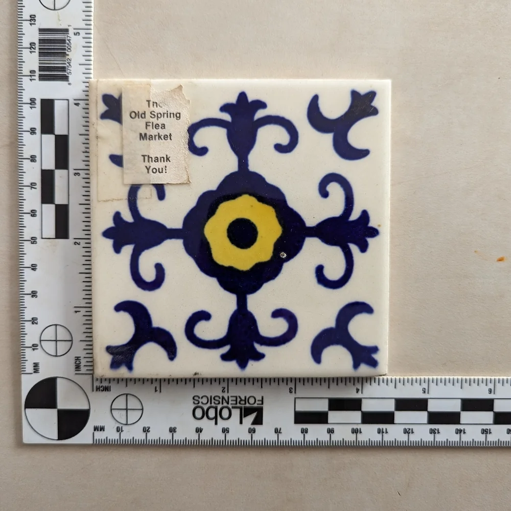 2 Mexican Dal-Tile Clay Tile Folk Art 4 x 4 Blue & Yellow